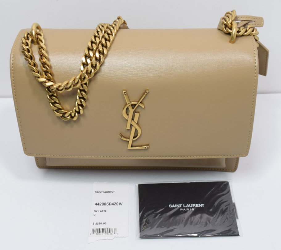 Saint Laurent Sunset Medium Bag Latte Cream Leather Gold Logo COA #12