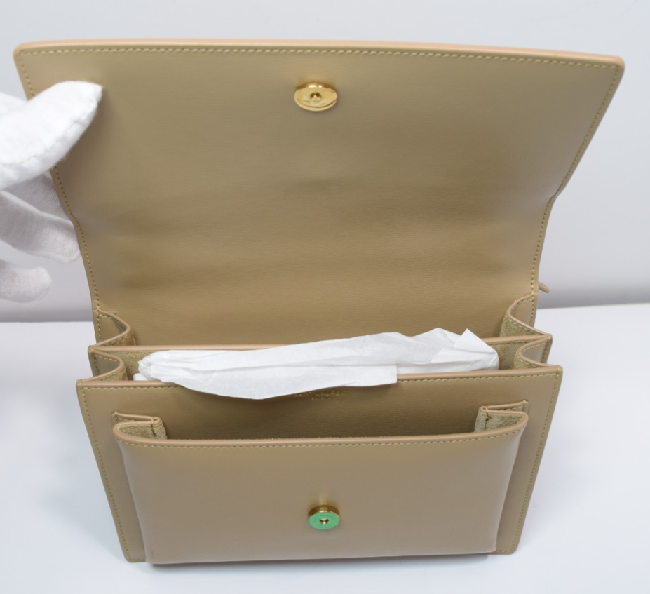 Saint Laurent Sunset Medium Bag Latte Cream Leather Gold Logo COA #10