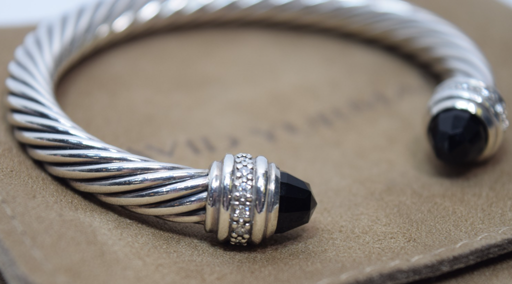 David Yurman 7mm Cable Bracelet Sterling Silver Black Onyx & Diamond Ends #4
