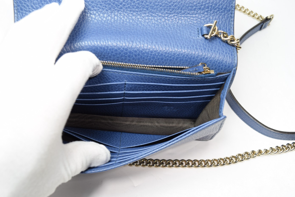 GUCCI Dollar Interlocking G Calfskin Leather Chain Wallet Crossbody Bag Blue #9