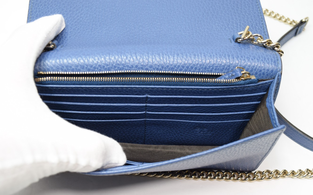 GUCCI Dollar Interlocking G Calfskin Leather Chain Wallet Crossbody Bag Blue #8