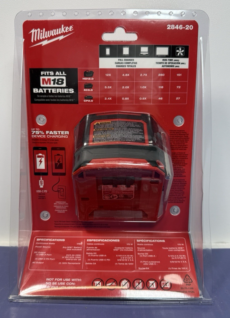 Milwaukee 2846-20 M18 18V 175W TOP-OFF Li-Ion Compact Inverter Power Supply #1