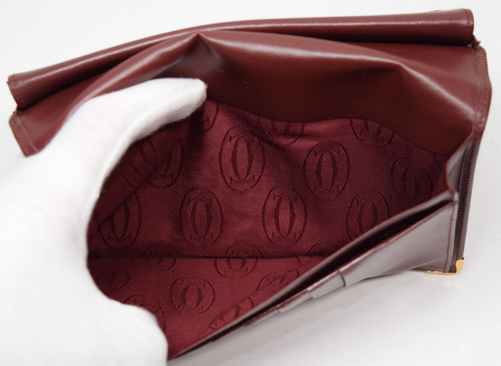 Cartier Long Folding Wallet Burgundy Leather  "Double C" Logo #10