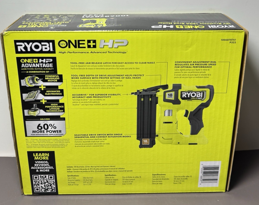 Ryobi ONE+HP 18V AirStrike 18 Gauge Brad Nailer Brushless  Tool Only P322-New #1