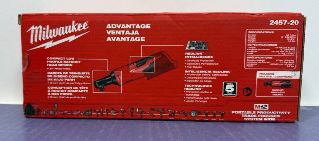 Milwaukee M12 2457-20 12V Li-Ion 3/8'' Cordless Ratchet - Red *Tool Only* #1