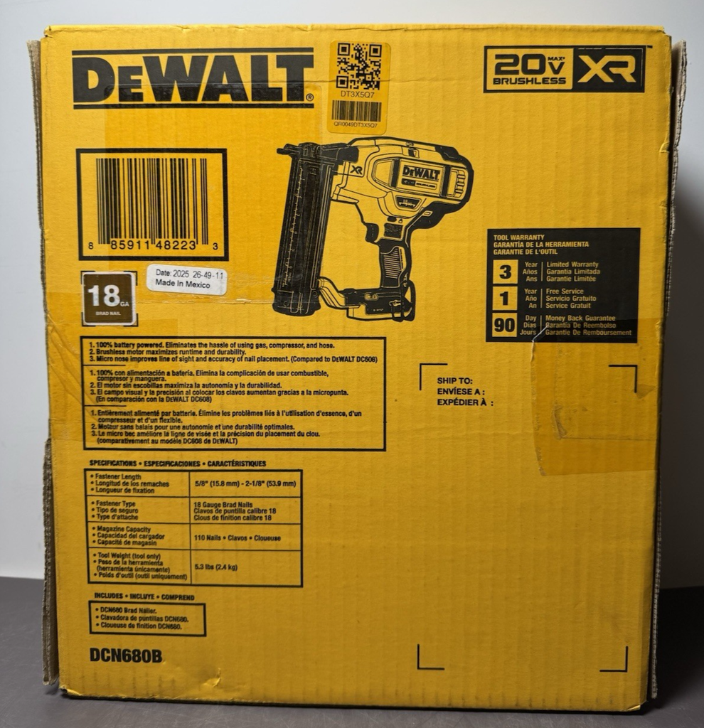 DeWalt DCN680B 20V Max XR 18 Ga. Brad Nailer Tool Only - NEW #1