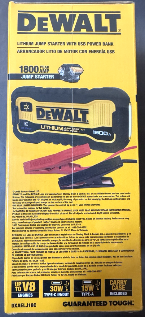 DeWalt DXAELJ18C 1800 Peak Amp Li-Ion Jump Starter with USB Power - Brand New #2