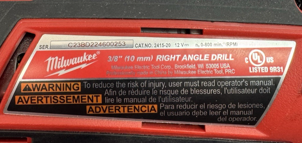 Milwaukee Drill Driver/Right Angle Drill 2407-20/2415-20 + 1.5 AH Battery #3