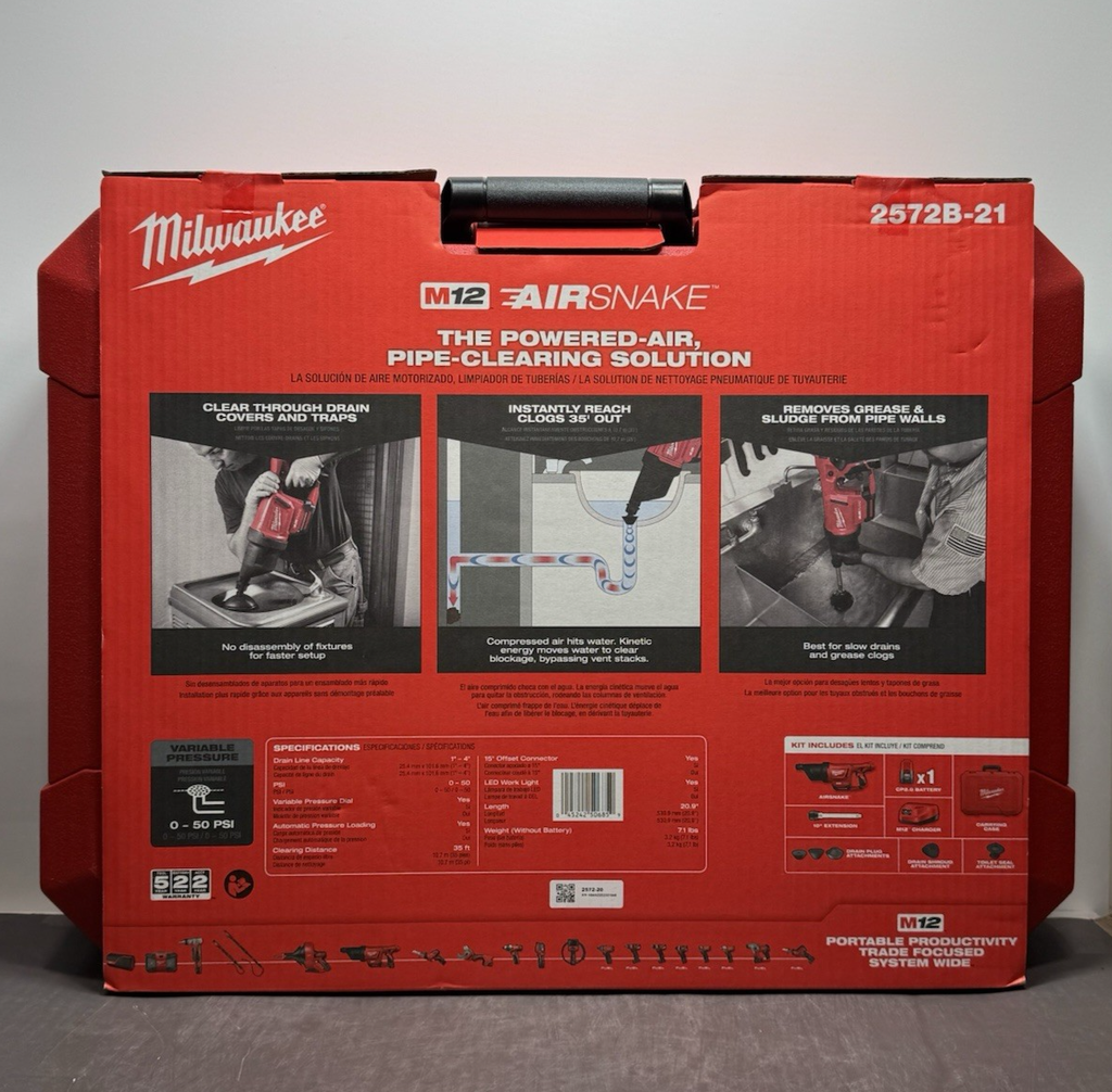 Milwaukee 2572B-21 - M12 12V Airsnake Drain Cleaning Air Gun Kit w/ Attachments #1