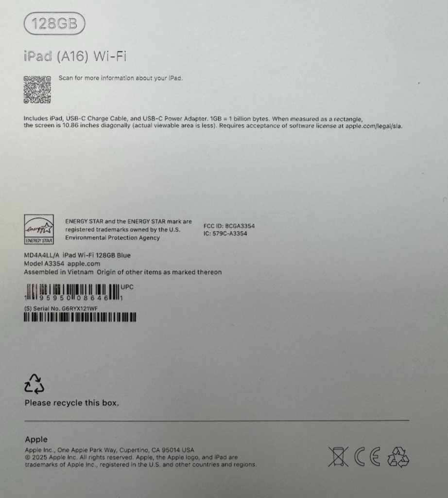 Apple iPad 11"  A16 Chip Wi-Fi MD4A4LL/A  128GB Blue, 100% battery #9