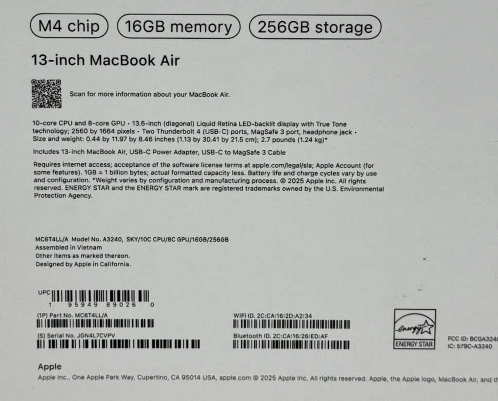 Apple MacBook Air 13" M4 8C GPU 4.5GHz 16GB RAM 256GB SSD, 20 cycles 100% batt #2