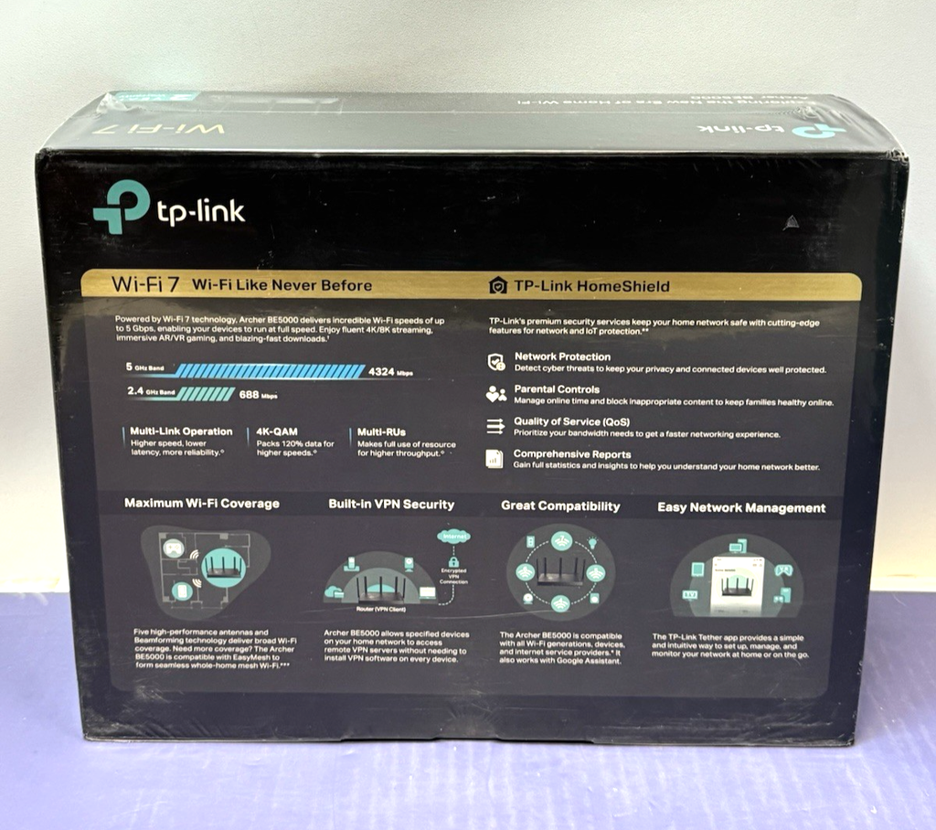 Brand NEW TP-Link Archer BE5000 Dual-Band Wi-Fi 7 Router Black #1