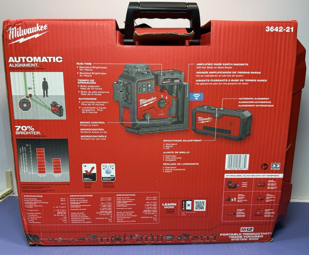 Milwaukee 3642-21 M12 Green 360 3-Plane Laser Kit W/Auto Alignment & Receiver #1