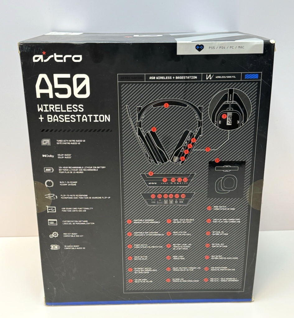 Astro A50 Ear-Cup Wireless Headphone Black (939-001673) w/ Base Station, Box #5