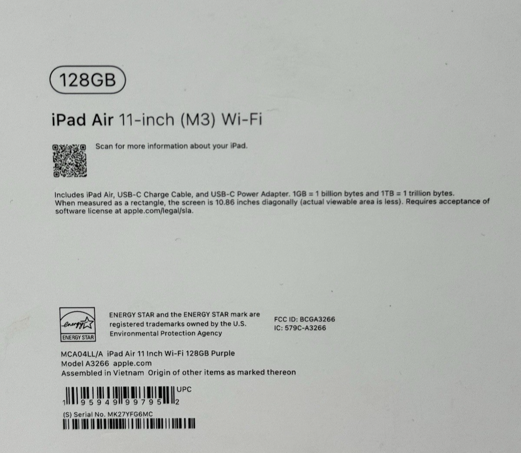 Apple iPad Air 11" M3 128GB Purple MCA04LL/A WIFI only, 9 cycles, A3266 #6
