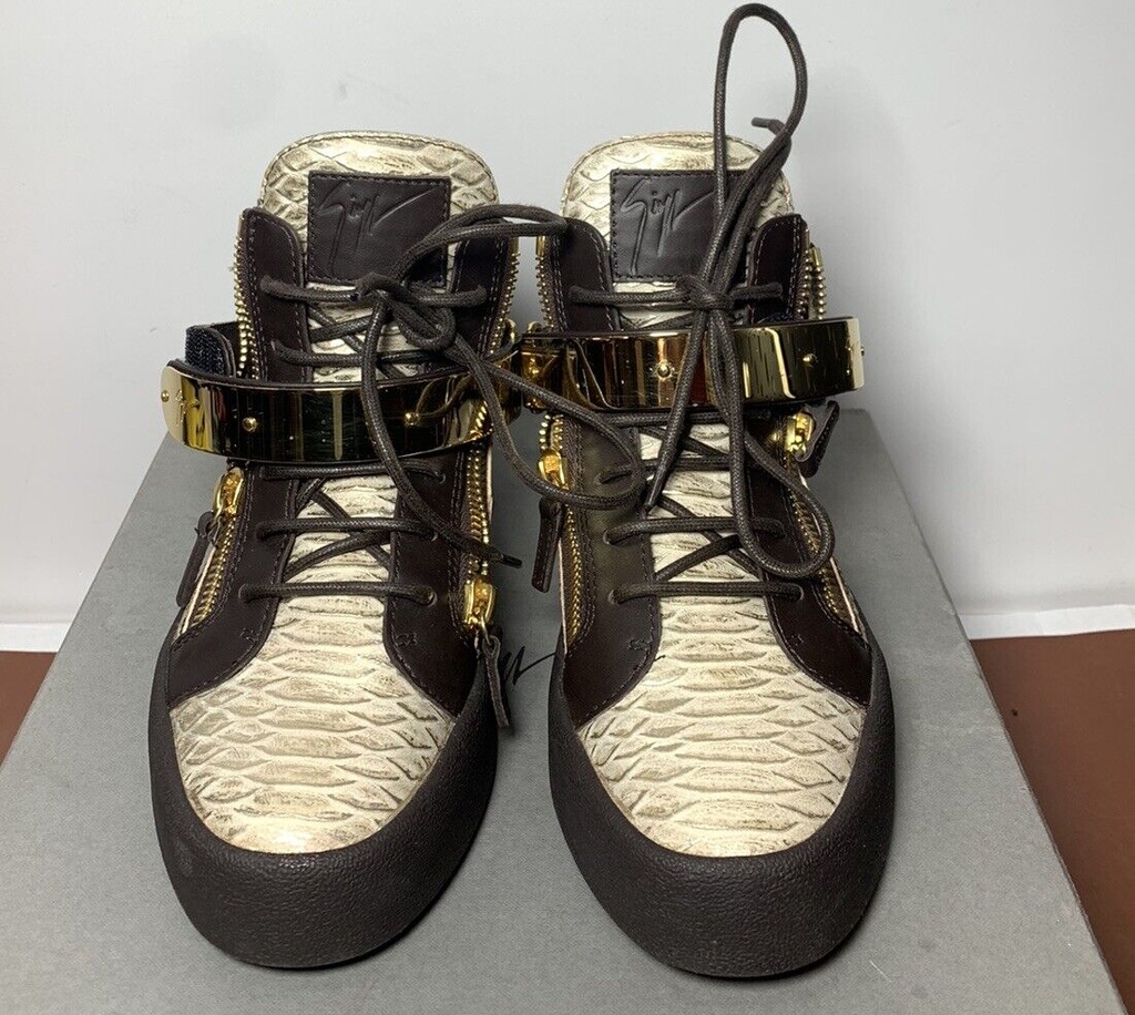 GIUSEPPE ZANOTTI Snake Gold Double Bars High Top Sneakers Mens Size 40/US 7 #1