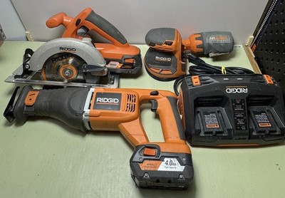 Ridgid 18V Tool Lot Circular Saw, Recip Saw, Sander, Charger, 2x4.0Ah Batt