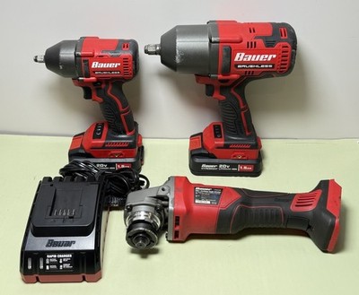 Bauer 20V Brushless Tool Lot 3/8" & 1/2" Impact Wrench, Grinder, 2 Batts/Charger