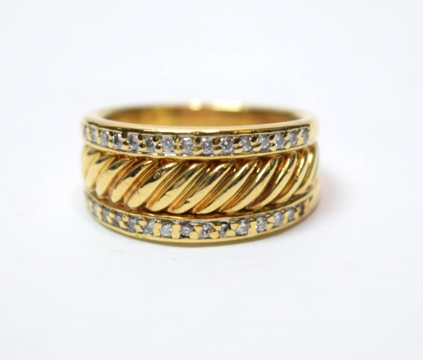David Yurman 18K Yellow Gold Diamond Cable Cigar Band Ring Size 7 Vintage