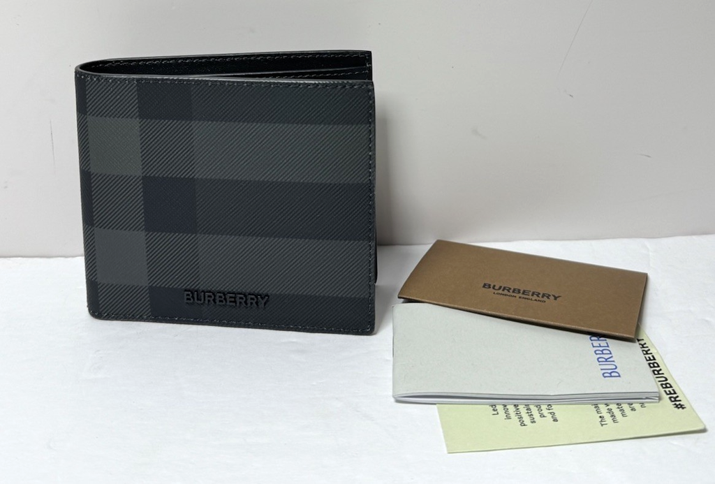 Burberry Men's Charcoal Check Bifold Wallet -New