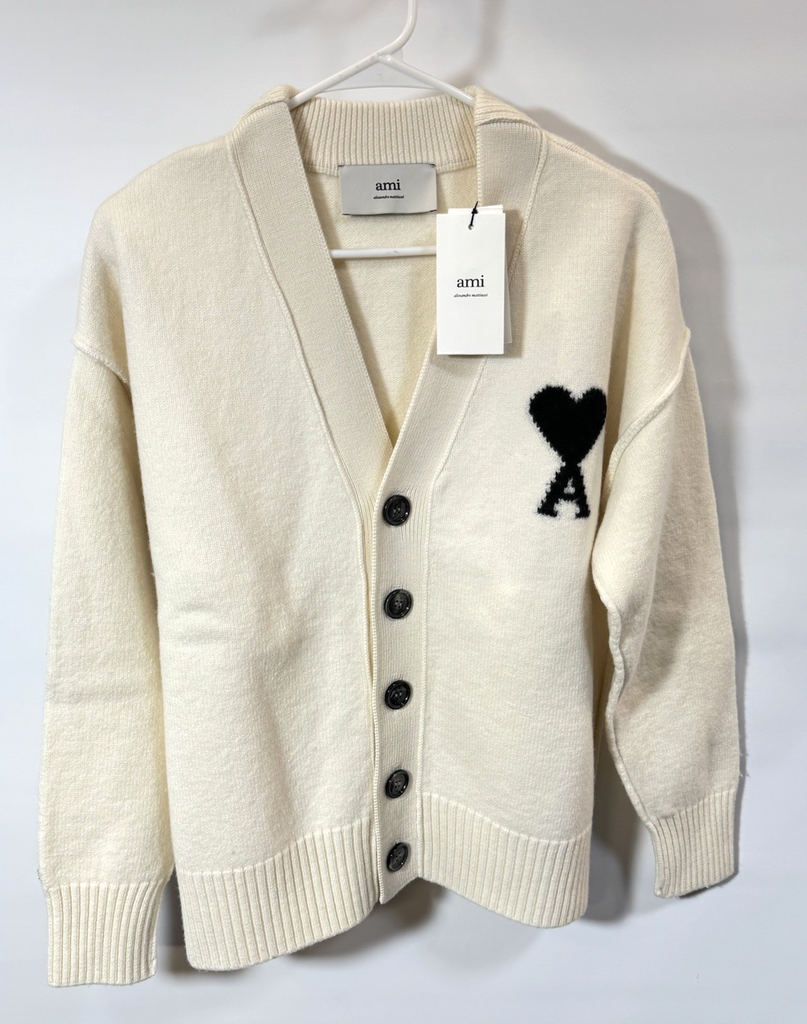 AMI Paris Heart Logo Wool Cardigan Sweater Cream Ecru Size S - NWT