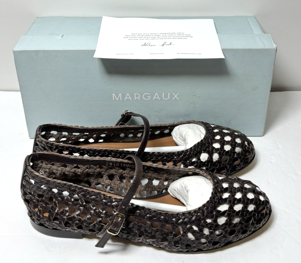 Margaux Woven Demi Jane Leather Flats Espresso Brown 39 (US 8.5-9) w/ Box