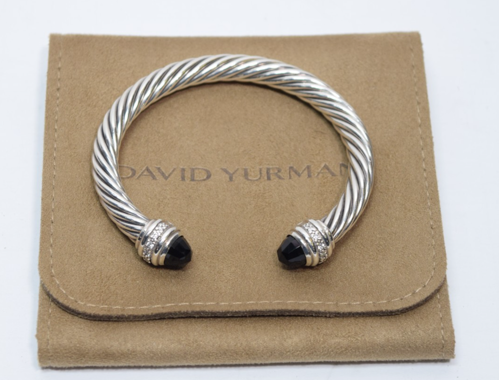 David Yurman 7mm Cable Bracelet Sterling Silver Black Onyx & Diamond Ends
