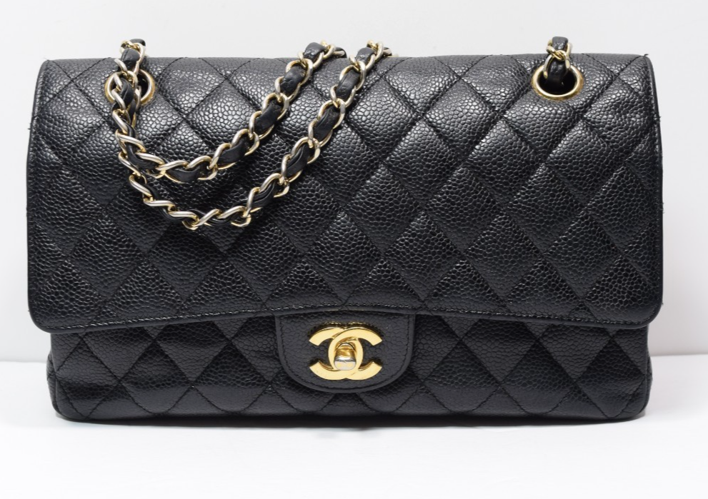 Chanel Classic Double Flap Bag Quilted Caviar Medium - Black - *Shows Wear*