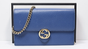 [12542-2] GUCCI Dollar Interlocking G Calfskin Leather Chain Wallet Crossbody Bag Blue