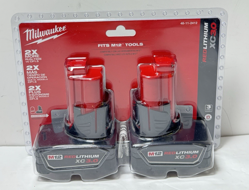Milwaukee M12 48-11-2412 12 Volt 3.0 AH XC Red Lithium Batteries 2 Pack-New