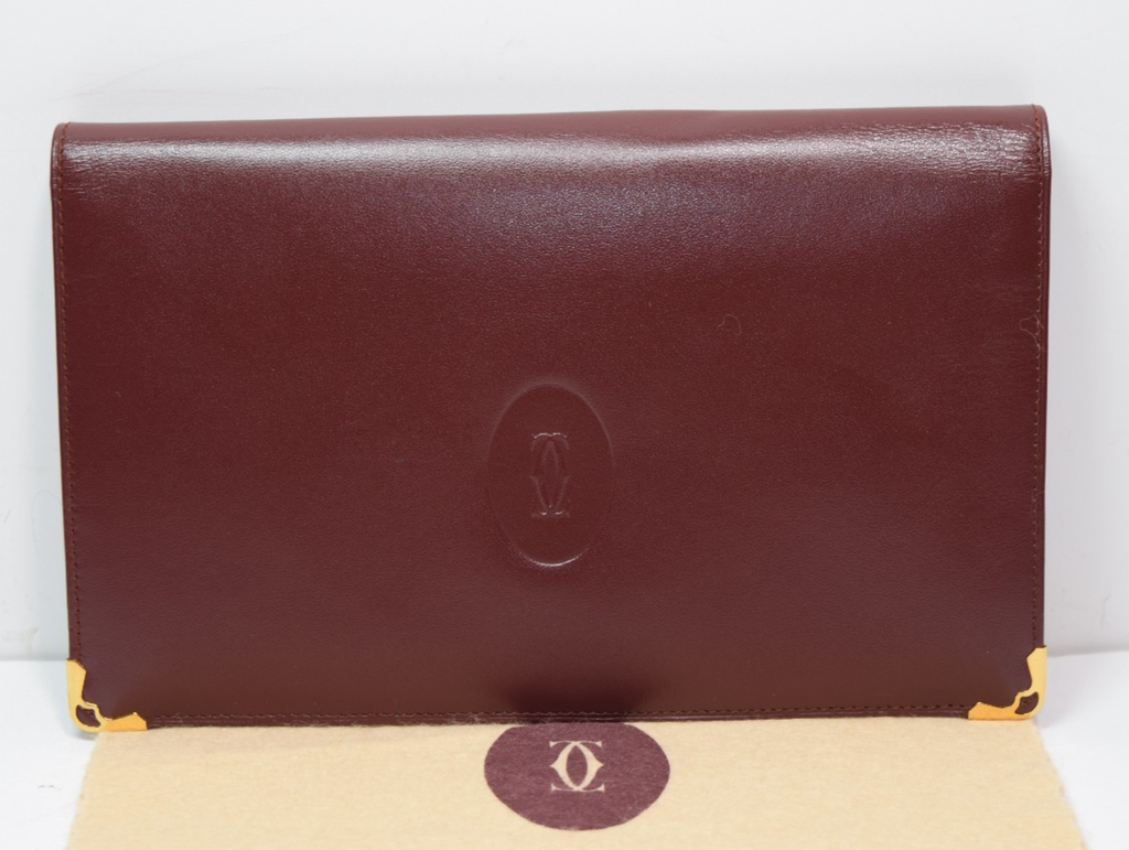 Cartier Long Folding Wallet Burgundy Leather  "Double C" Logo