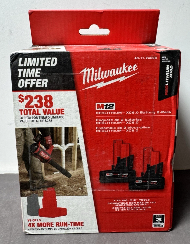 Milwaukee 48-11-2462B M12 12V Lithium-Ion XC Battery Pack 6.0Ah 2-Pack-New