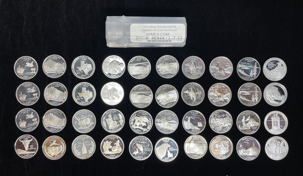 Lot of 0.900 90% 40 Coin Roll of Silver Statehood Quarters APMEX SKU# 46944
