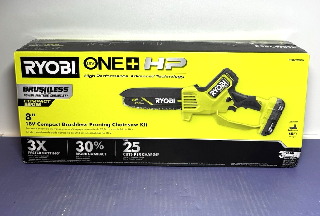 RYOBI ONE+ HP 18V Brushless 8 in. Battery Mini Chainsaw w/2.0 Ah Battery+Charger