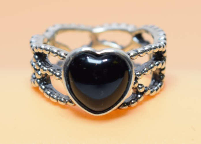 Pandora ALE 925 Mi Amor Black Onyx Heart Sterling Silver Band Ring SIZE 8