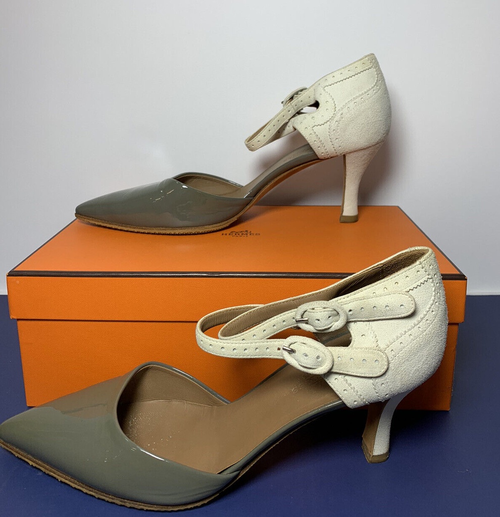 HERMES Semelle Cuir Ankle Strap Heels Shoes Size 38