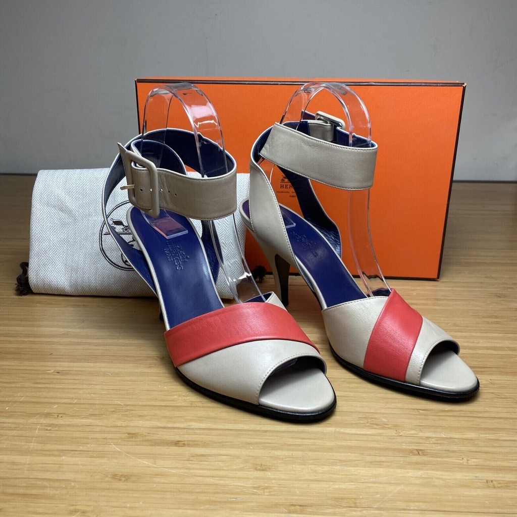 HERMES Semelle Cuir Slingback Loop Heels Shoes Beige Coral Size 37 1/2
