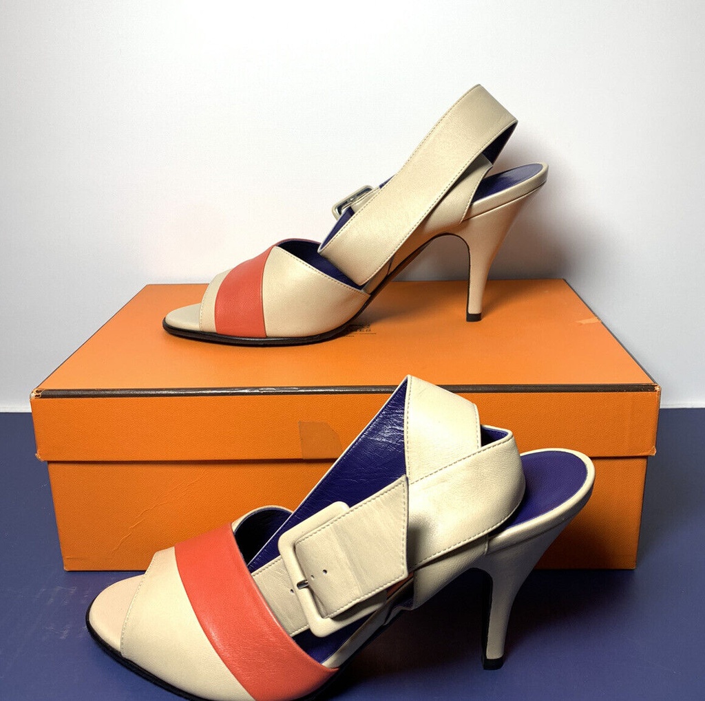 HERMES Semelle Cuir Slingback Loop Heels Shoes Beige Coral Size 37 1/2