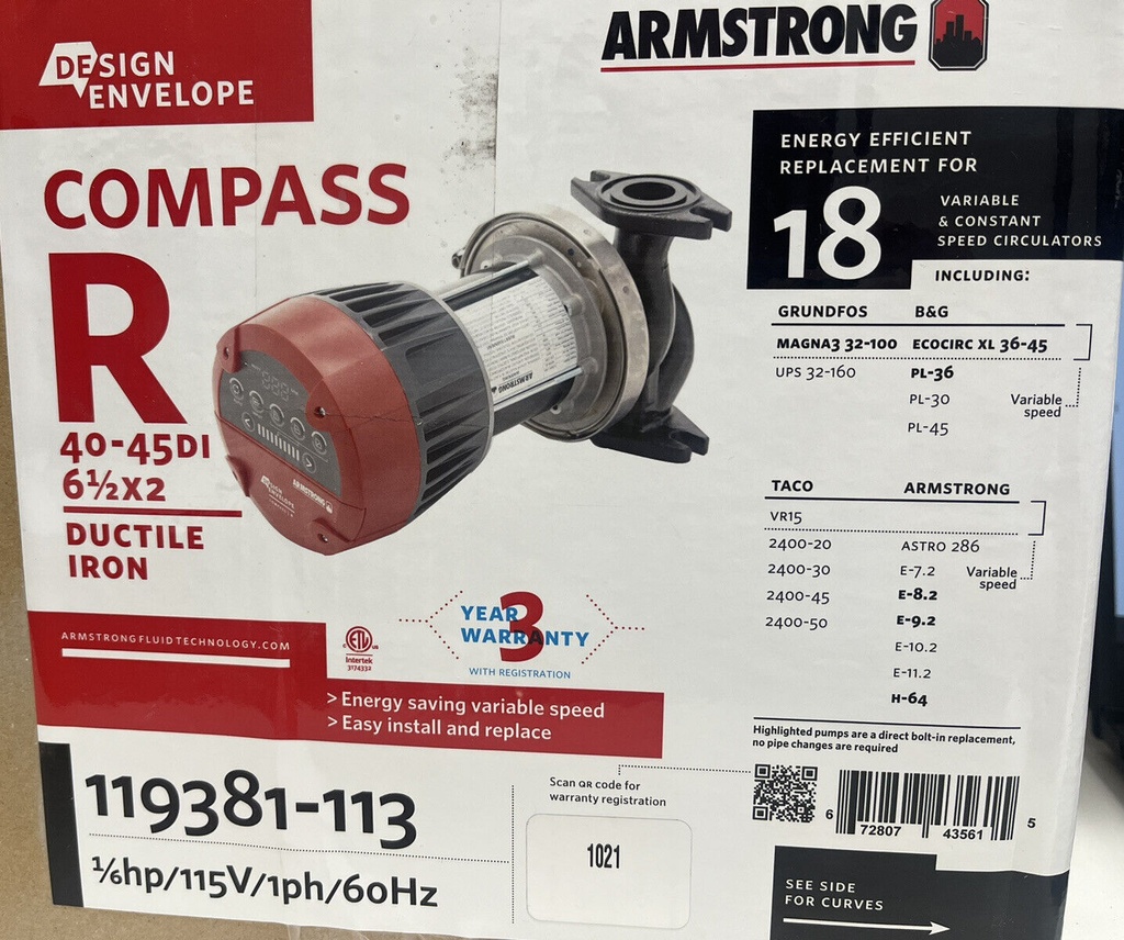 Armstrong 119381-113 R40-45DI Compass Circulating Pump Design Envelope Duct Iron