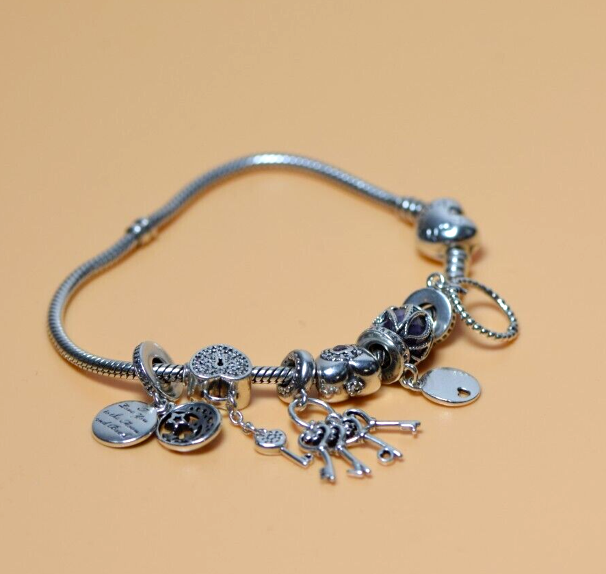Pandora Bracelet 7.25"  7 Charms Strerling Silver - Love Theme