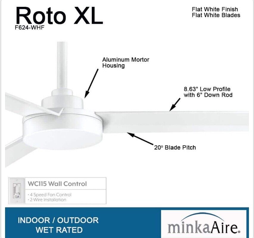 62" Minka Aire Roto XL Flat White Outdoor Ceiling Fan with Wall Control