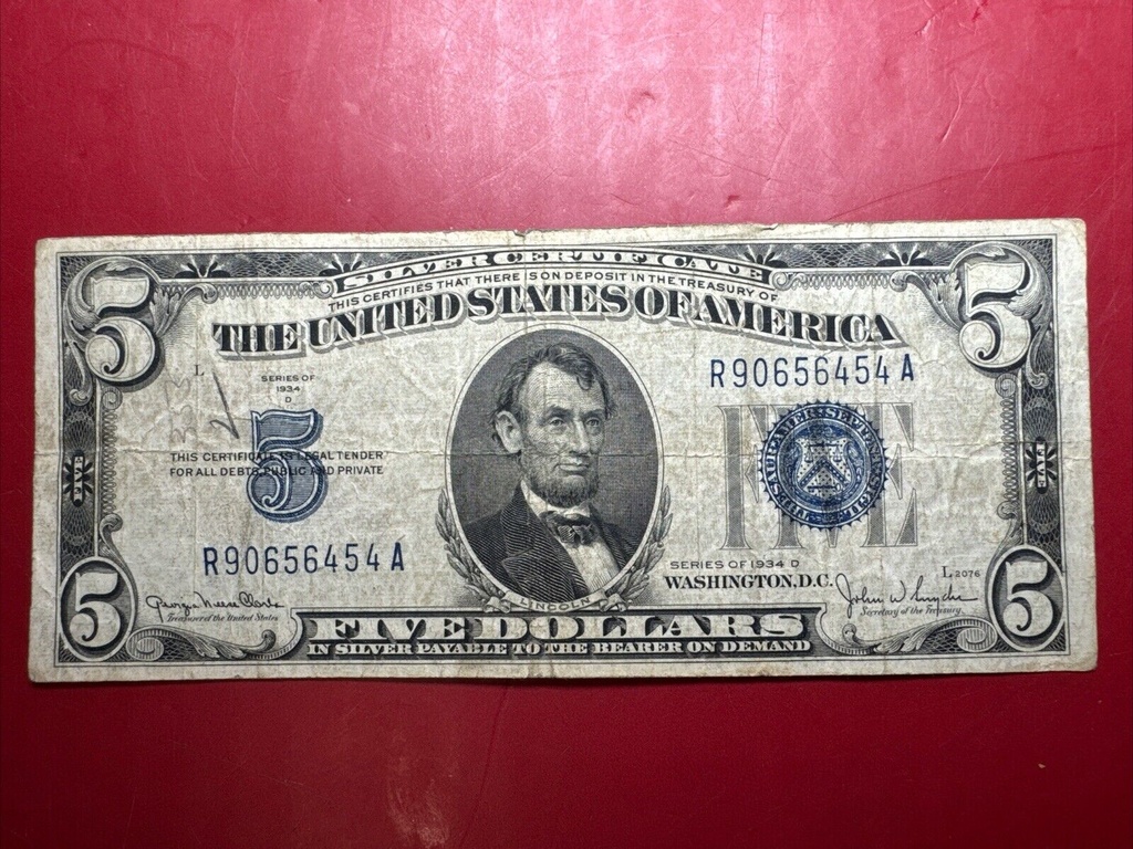 1934 A $ 5 Dollar Silver Certificate Bill Note Washington D.C. Very Rare