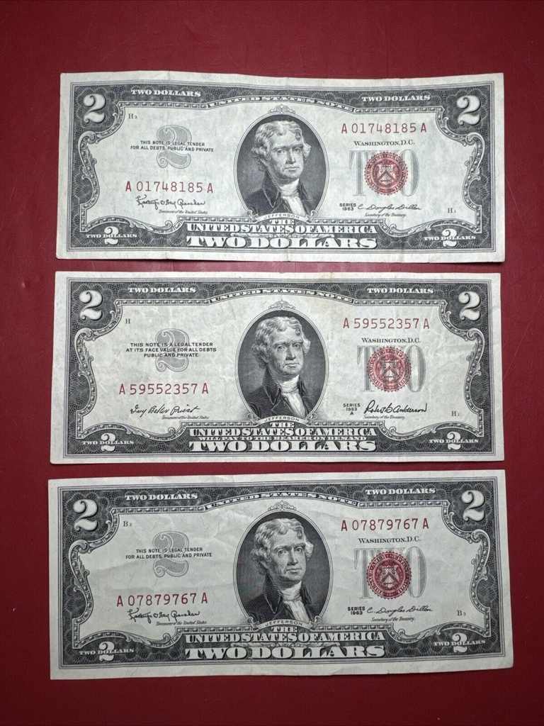 Lot of 3 $2 Bills Red Seal 1963 1963 1953 A