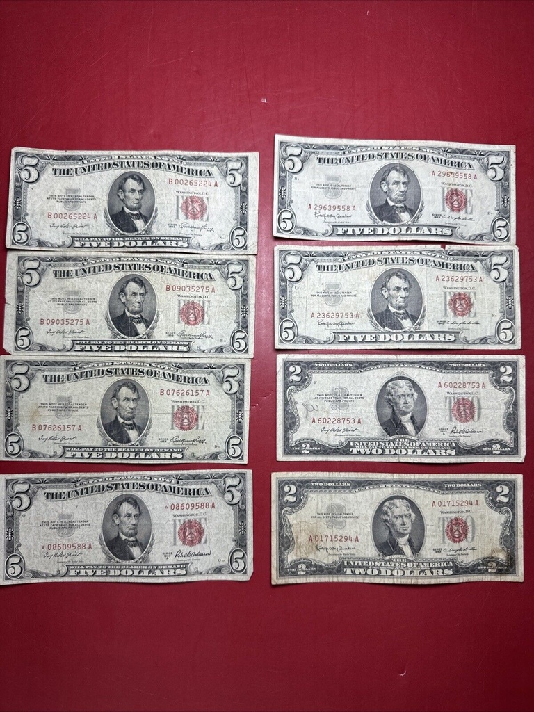 Lot of (8) 1953 1953a 1963 $5 $2 Red Seal Five Dollar Bills Vintage US Lot