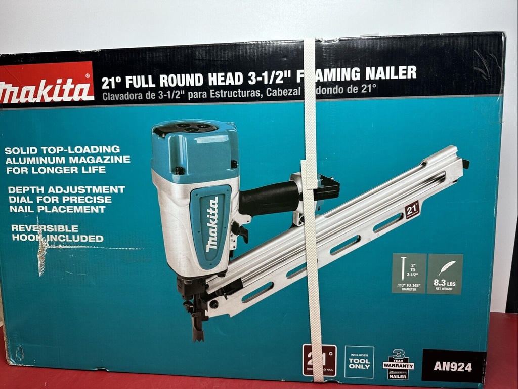 Makita AN924 21º Full Round Head Plastic Collated 3-1/2" Framing Nailer, NEW