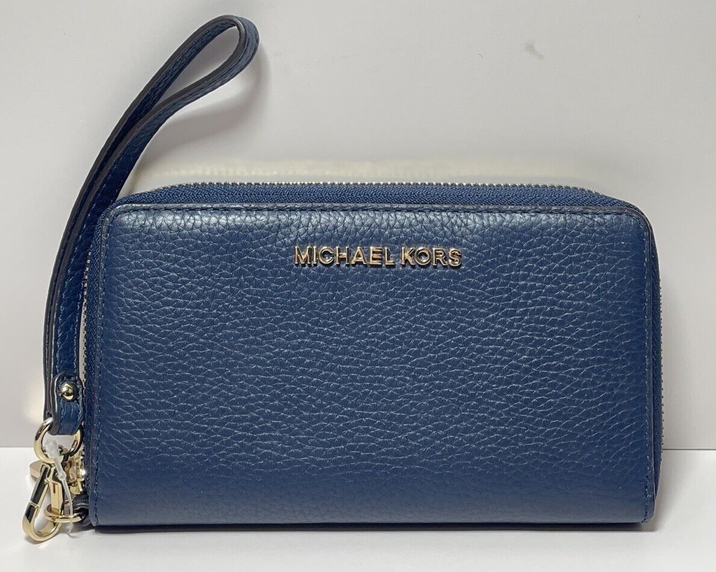 Michael Kors Jet Set Travel Flat Zip  Phone Case Wristlet Wallet Navy Blue