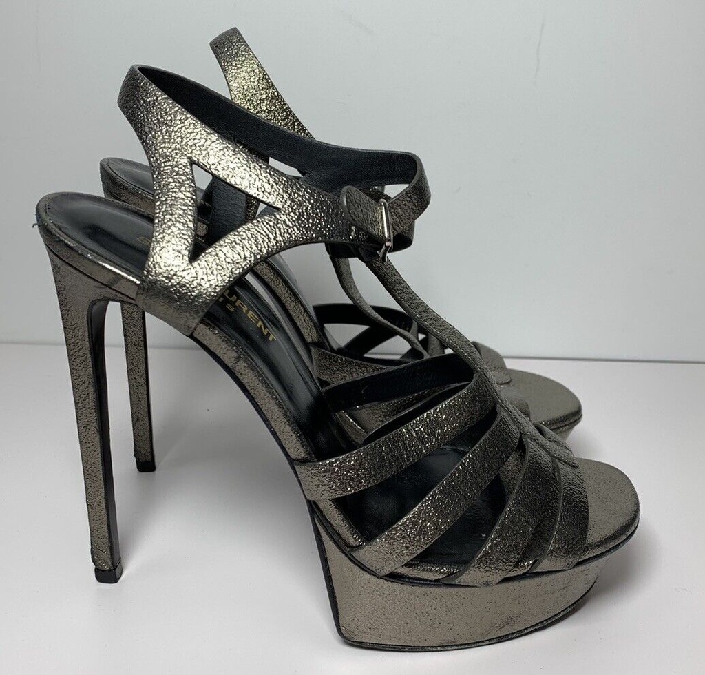 YSL Yves Saint Laurent Tribute Metallic T-Strap 105 Platform Pumps Shoes 39