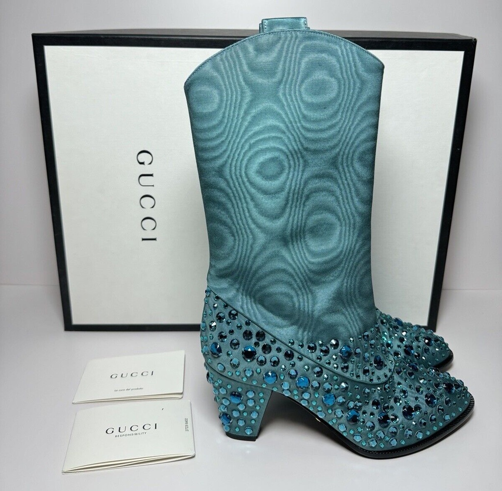 New Gucci Women's Sea Green Jacquard Cowboy Boots with Crystals 631268 3720