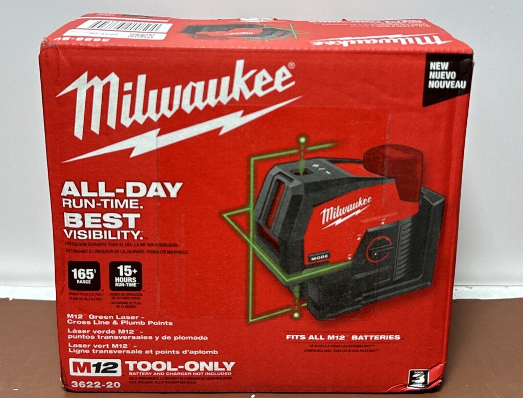 NEW Milwaukee M12 Green Cross Line & Plumb Points Laser (Tool Only)  3622-20