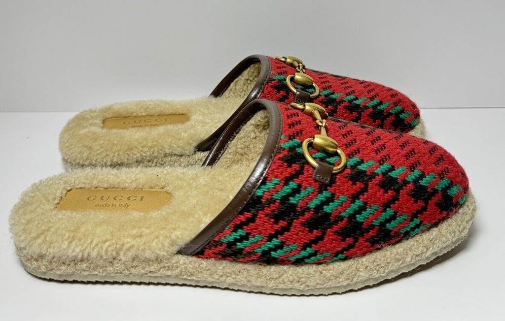 Gucci 'Fria' Houndstooth Gold Horsebit Shearling Lined Mule Slipper sz 36